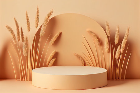 3d render, abstract minimal geometric forms. Glossy golden podium for your design, round pedestal or platform with pampas grass.の写真素材