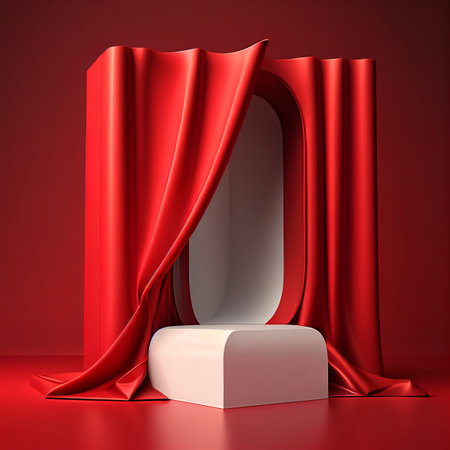 Red curtain with podium on red background. 3d render illustration.の写真素材