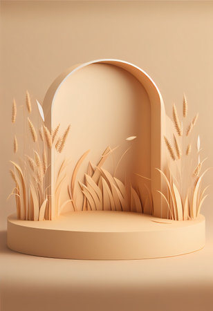 3d render of podium for product presentation with wheat in the foregroundの写真素材