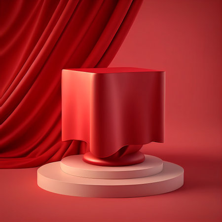 3d render of podium with red curtain on background. Scene for product presentation.の写真素材