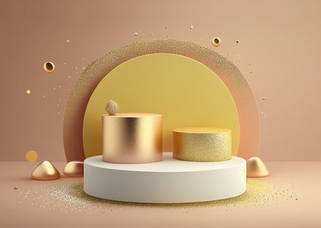 3d render, abstract background with podiums and golden circles, podiums for product presentationの写真素材
