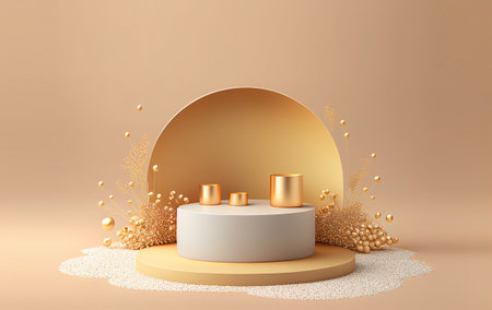 3d render of podium for product display with gold color. Abstract background for cosmetic products.の写真素材