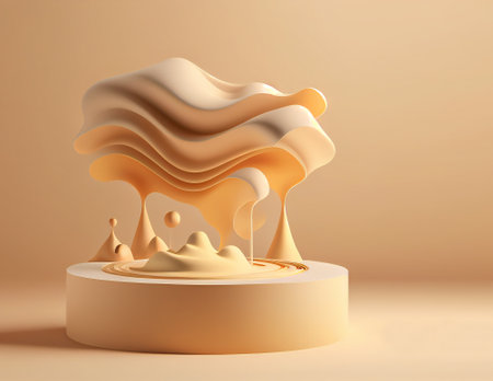 Abstract 3d render of cream and golden liquid forms on beige backgroundの写真素材