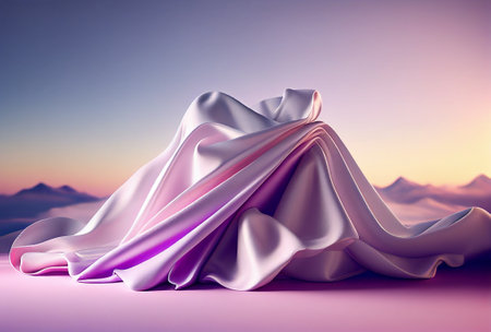 3d render of rippled silk fabric with mountains in the backgroundの写真素材