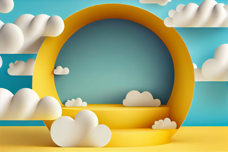 3d render of minimal product display podium with clouds and sun.の写真素材