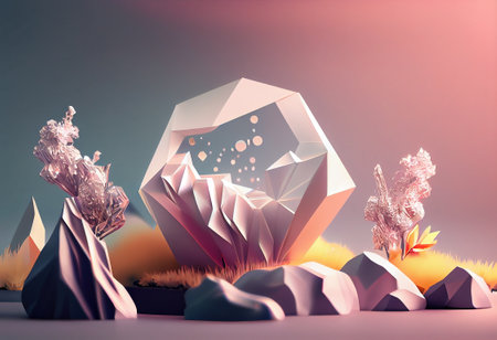 3d render, abstract background with geometric shapes, crystals and flowersの写真素材