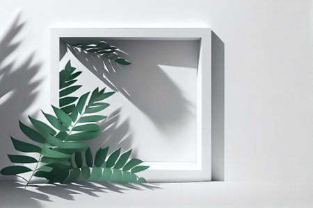 3d render of a white room with a window and a palm leafの写真素材