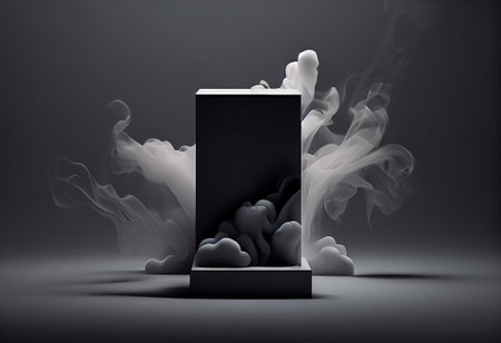 3D render of black podium with smoke on a dark background.の写真素材