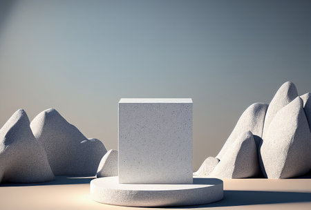 3d rendering of white stone pedestal on the blue sky backgroundの写真素材