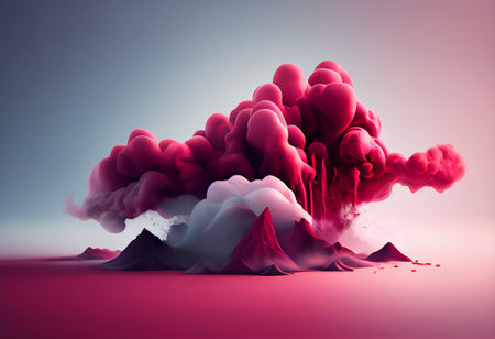 3d illustration of volcano eruption with red and white smoke on pink backgroundの写真素材