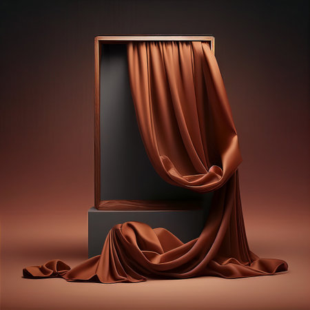Curtains and black pedestal. 3d render illustration.の写真素材