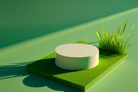 3d render, abstract minimal geometric background, green grass and round podiumの写真素材