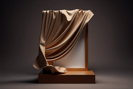 Golden stage curtain with drapery on dark background. 3d renderingの写真素材
