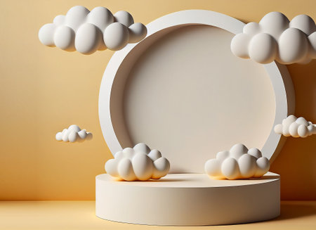 3d render of minimal scene with cream color podium and white cloudsの写真素材