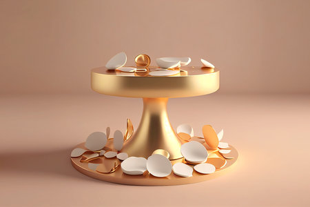 3d render of gold pedestal with white petals on pastel backgroundの写真素材