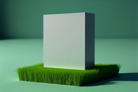 3d render of a blank box with grass and shadow on a green backgroundの写真素材