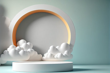 Abstract minimal scene with round podium and white clouds. 3d renderの写真素材