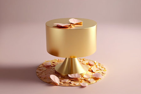 3d render of golden pedestal with petals on pink backgroundの写真素材