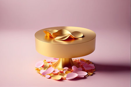 3d render of golden pedestal with heart confetti on pink backgroundの写真素材