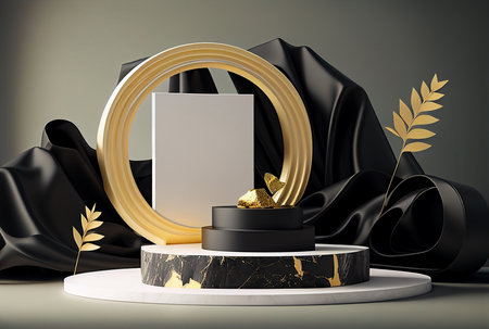 3d render, abstract black background, podium for product presentation with gold frameの写真素材