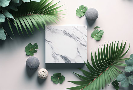 Top view of minimalistic composition with marble podium and tropical leaves. 3d renderの写真素材