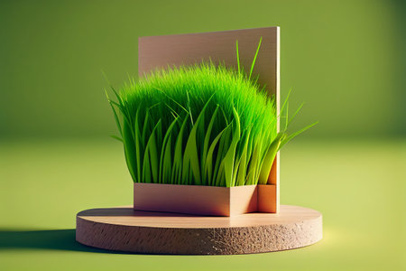 3d rendering of green grass in a cardboard box on a green backgroundの写真素材