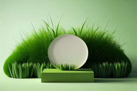 3d render of white round podium on green grass background with grassの写真素材