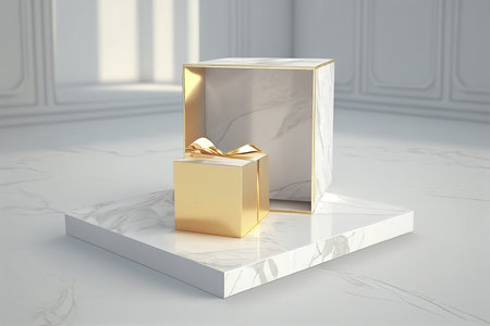 Gold and white gift boxle podium. 3D rendering.の写真素材