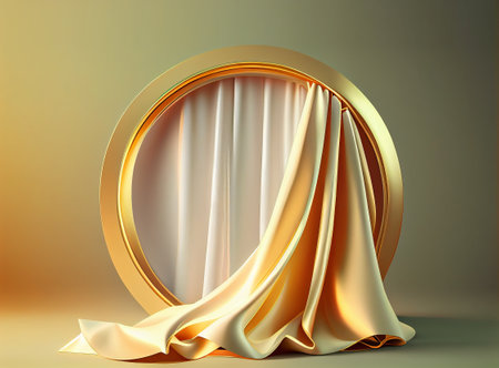 Golden curtain and round mirror. 3d illustration. Mock up.の写真素材