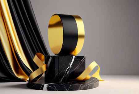 Black and gold podium for product display. 3d render illustration.の写真素材
