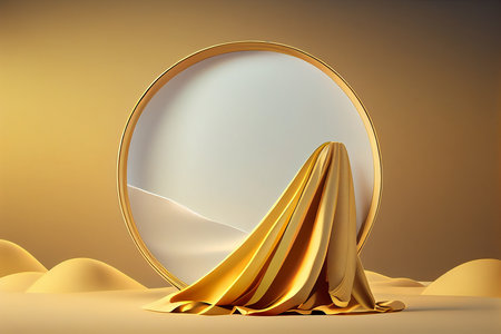 3d render, abstract background, empty round stage with golden clothの写真素材