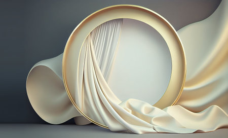 3d render of abstract background with white fabric and round podium.の写真素材