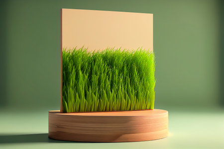 3d render of green grass on pedestal with brown paper.の写真素材