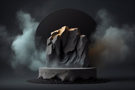 Minimalist scene with black podium and smoke. 3D renderingの写真素材