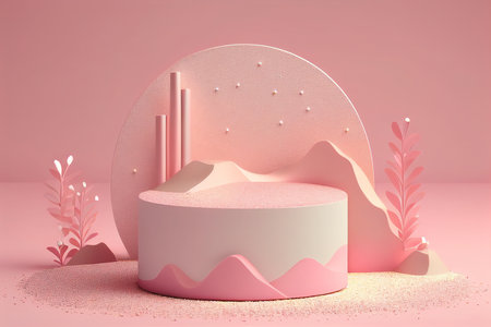 3d render of abstract minimal geometric forms. Glossy pink background with podiums.の写真素材