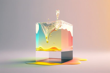 3d render, abstract background with glass cube, liquid drop, 3d illustrationの写真素材