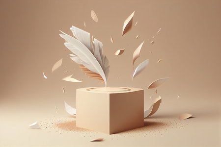 Podium for product display with feather and falling petals. 3d renderingの写真素材