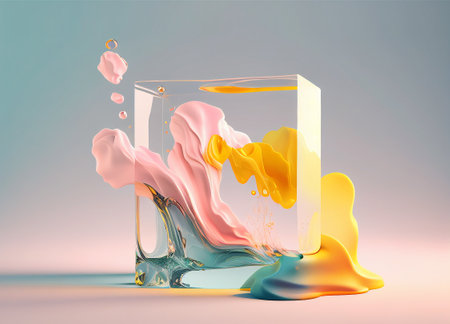 3d render, abstract liquid background, pink and blue liquid splashingの写真素材
