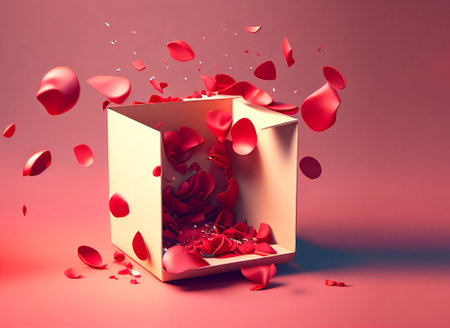 Open gift box with flying red rose petals. 3d rendering