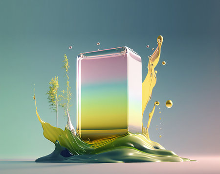 3d render, abstract background with cube, liquid splash and leavesの写真素材