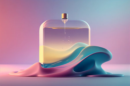 3D illustration of a bottle of oil on a colored background.の写真素材