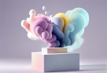 3d render of abstract background with podium and colorful clouds in itの写真素材