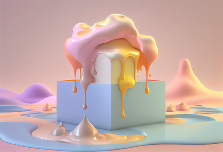 3d render of melting chocolate on pastel pink background with copy space.の写真素材