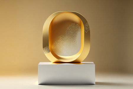 Abstract 3d render of golden letter O on pedestal in studioの写真素材