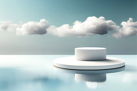white podium on the water surface with clouds in the sky, 3d renderの写真素材