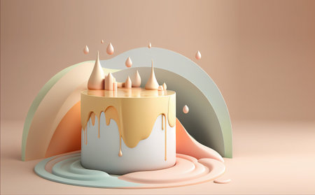 3d render of sweet cake with cream and milk splash on pastel backgroundの写真素材