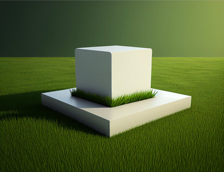3d render of stone podium on green grass with copy space.の写真素材