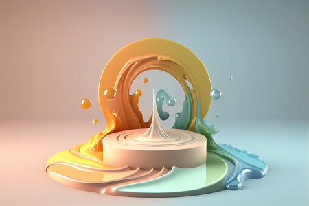 3d render, abstract background, round podium with colorful liquid splashの写真素材