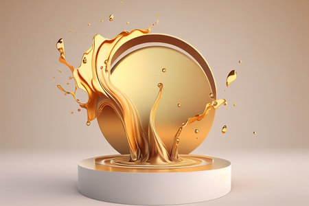 3d render, abstract background, golden round podium with a splash of liquid.の写真素材