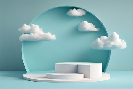 3d render, abstract minimal scene with round podiums and cloudsの写真素材